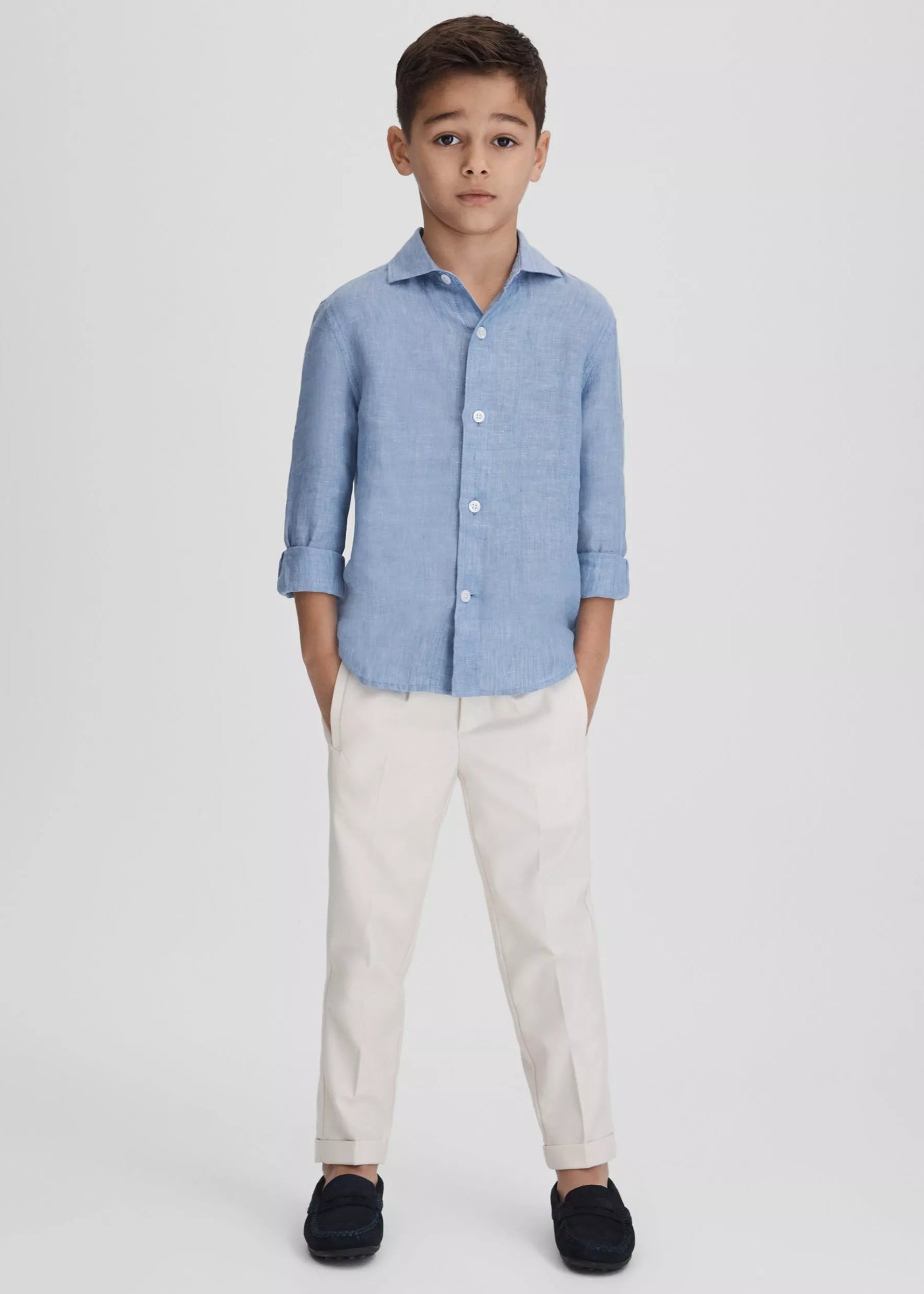 Blue Linen Shirt and White Trousers